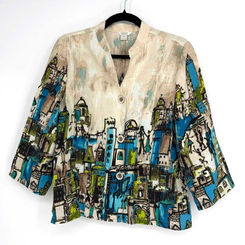 Christopher & Banks Lightweight Button Up Jacket M City Scape Boho Resort Artsy